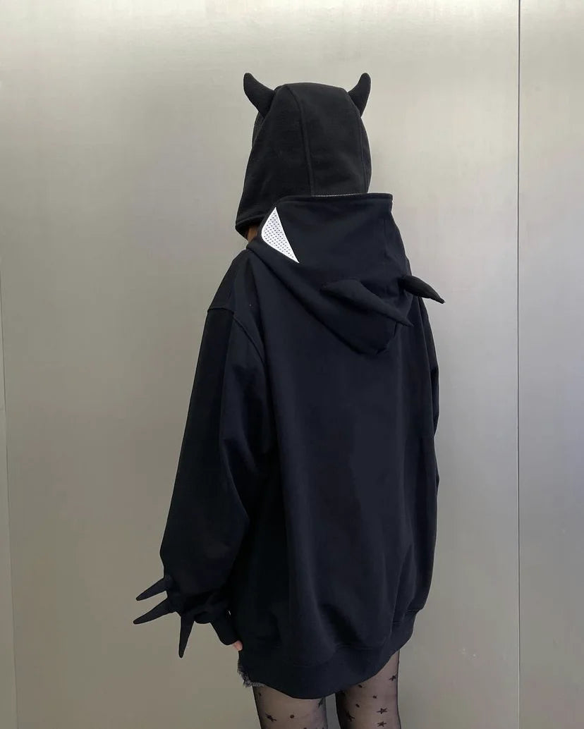 European and American Goths Dark Bat Print Hooded Cardigan Full Chain Loose Male and Female Trendy Brand Sweater Coat