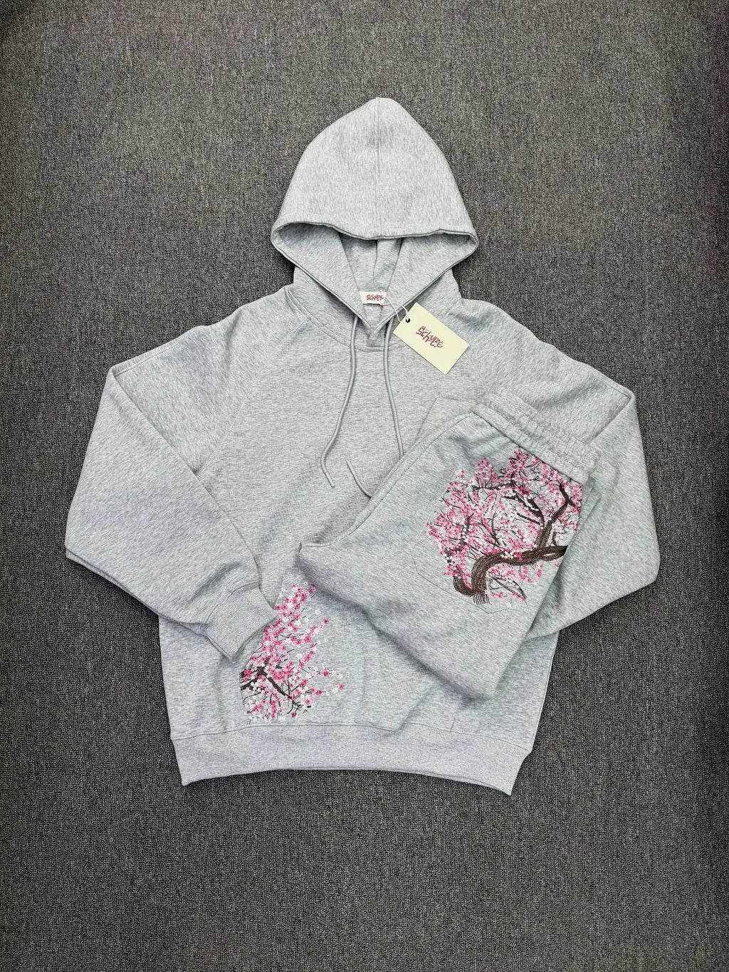 Oversized Sakura Cherry Blossom Tree Hoodie Pants Set Gray Tracksuit with Japanese Floral Design Trendy Y2K Streetwear Fashion