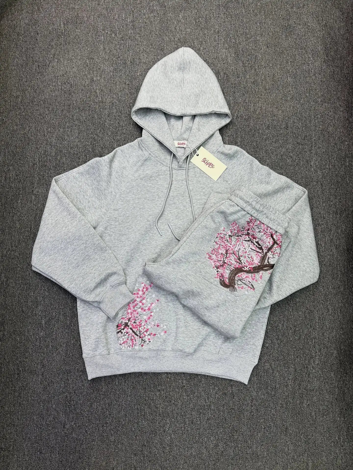 Oversized Sakura Cherry Blossom Tree Hoodie Pants Set Gray Tracksuit with Japanese Floral Design Trendy Y2K Streetwear Fashion