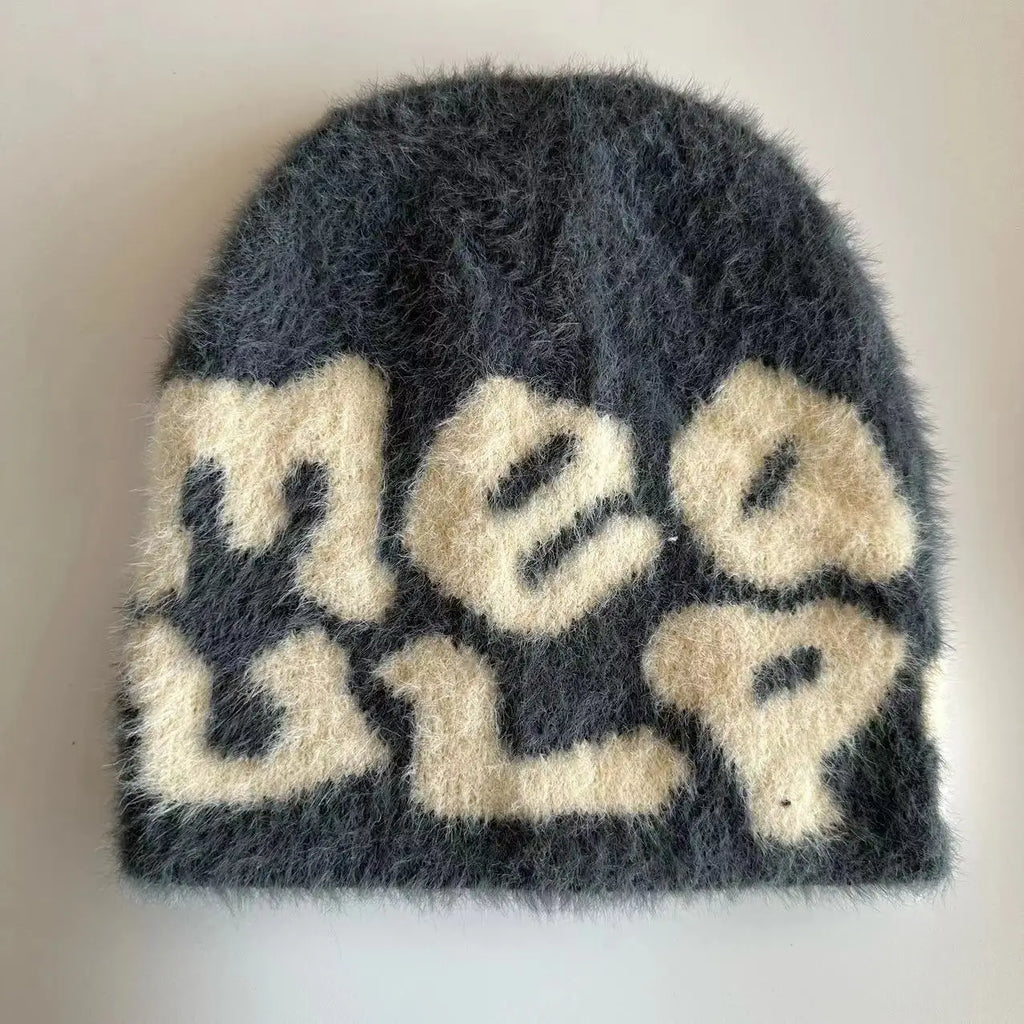 New Ins Popular Unisex Autumn Funny Hat Mink Fur Winter Women's Cap With Letter Beanies Hat Men Warm Soft Skullies Bonnets Gift