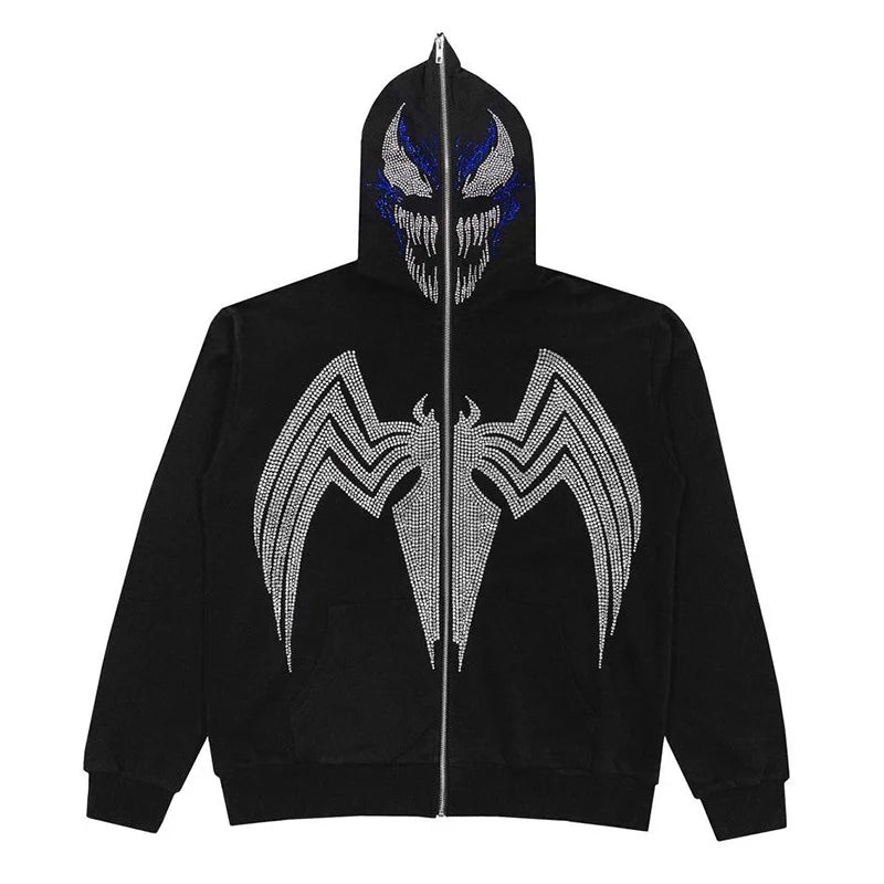 Couple's Street Hip Hop Skull Rhinestone Print Full Zip Hoodie Halloween Y2K Jacket Sweater Top Coat Hoodie