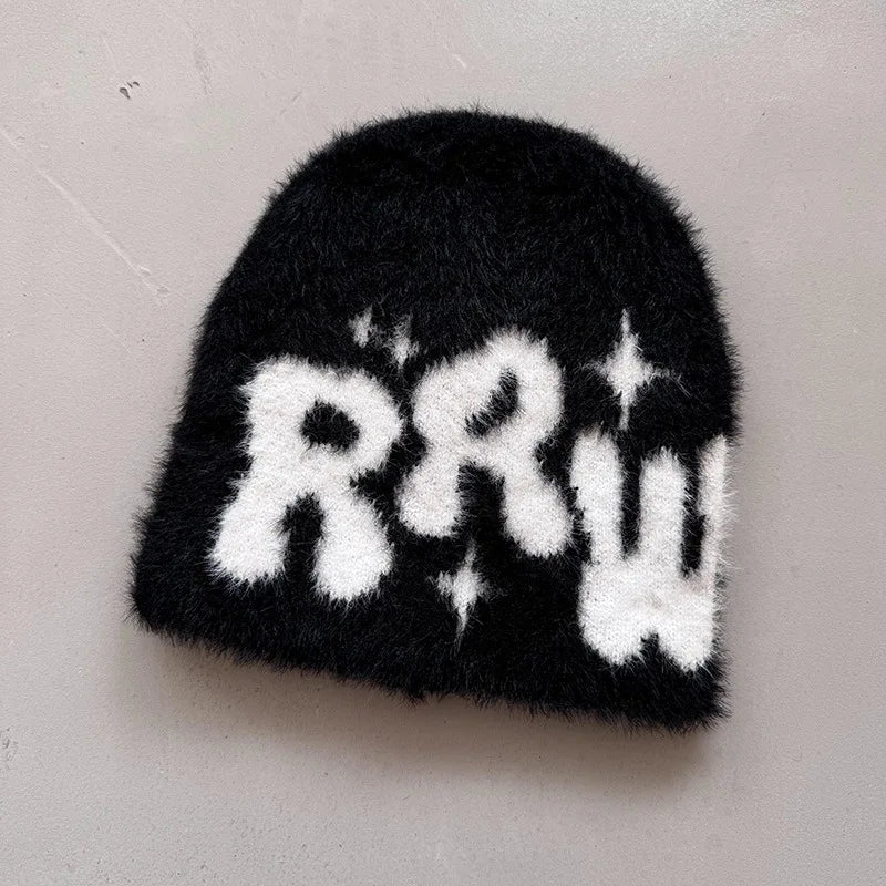 New Ins Popular Unisex Autumn Funny Hat Mink Fur Winter Women's Cap With Letter Beanies Hat Men Warm Soft Skullies Bonnets Gift