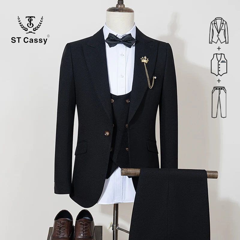 ST Cassy high quality full men's suits 3 pieces luxury Elegant Slim Fit Male Groom Wedding Party Dress Business Office costume