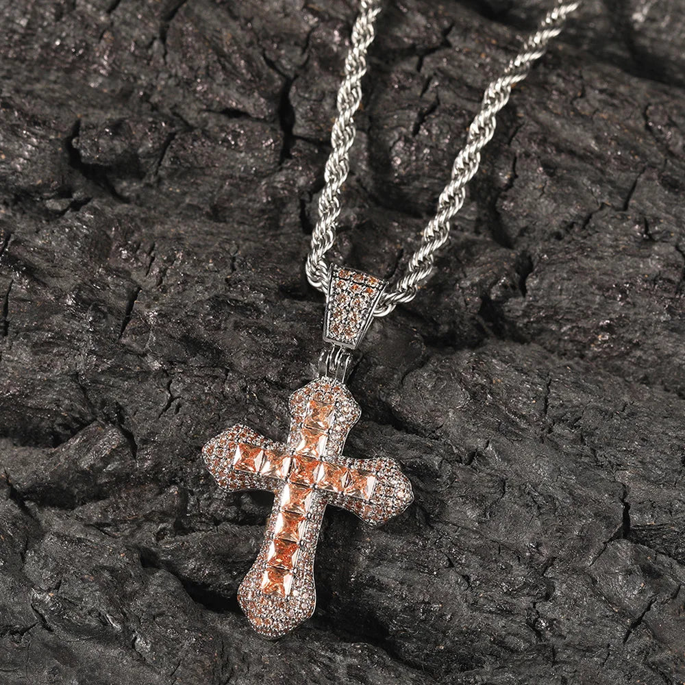 Trend Cross Pendant Necklaces Fashion Hip Hop Rapper's Iced Out Zirconia Stainless Steel Rope Chain on Neck HommeJewelry OHP141